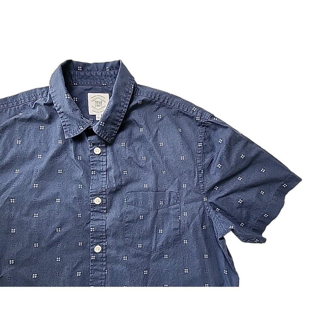 True Craft Men's Large 100% Cotton Button Up Short Sleeve Blue & White Geometric